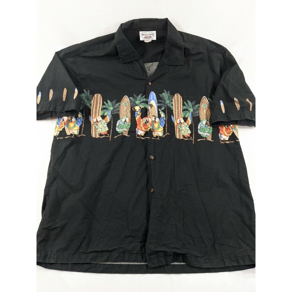 Pacific Legend Apparel Hawaiian Shirt‎ XL Black Surfboard Parrots Excellent